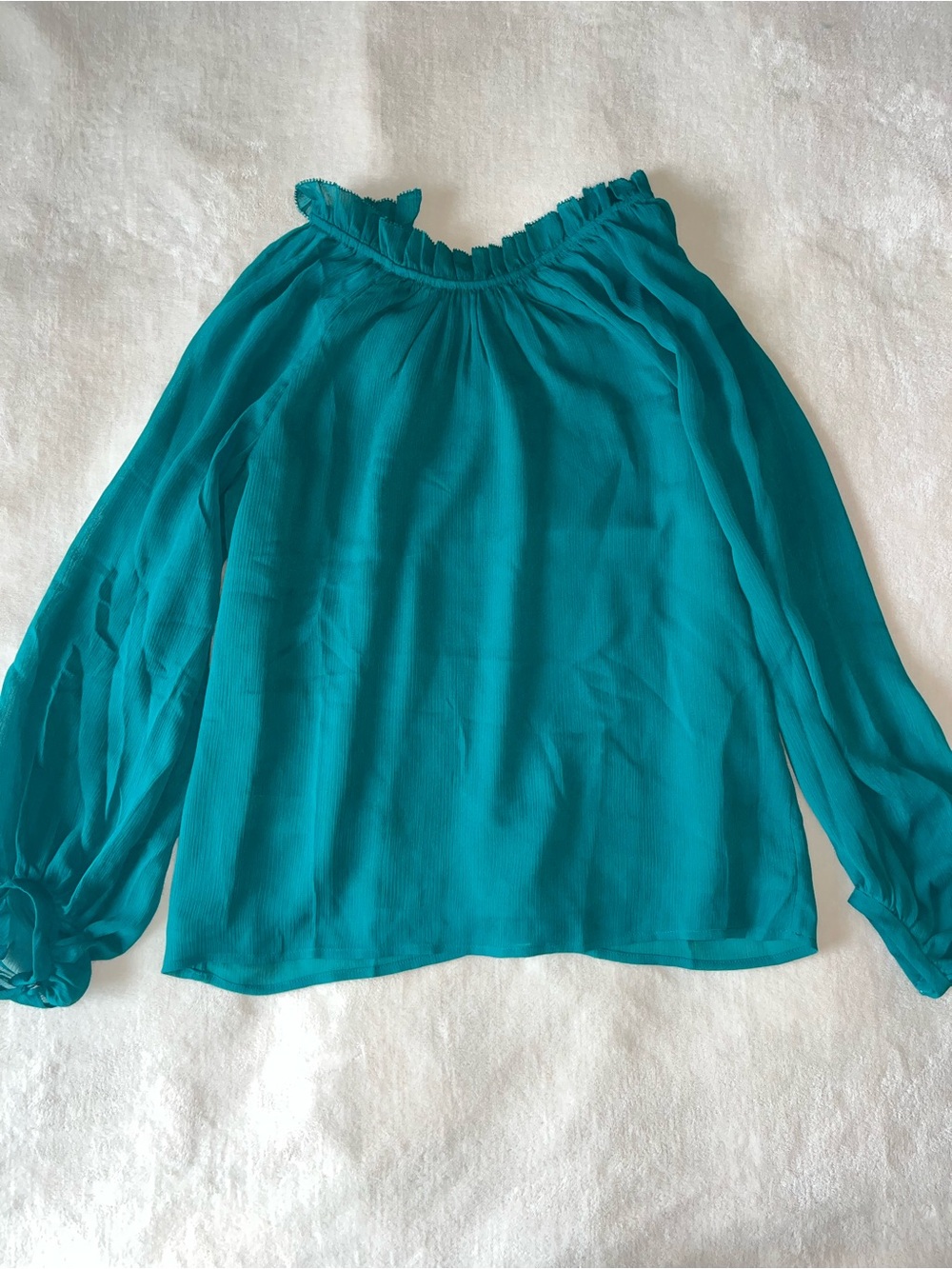 Ann Taylor Long Sleeve Teal Blue Blouse Ruffle Neck Lightweight XXSP